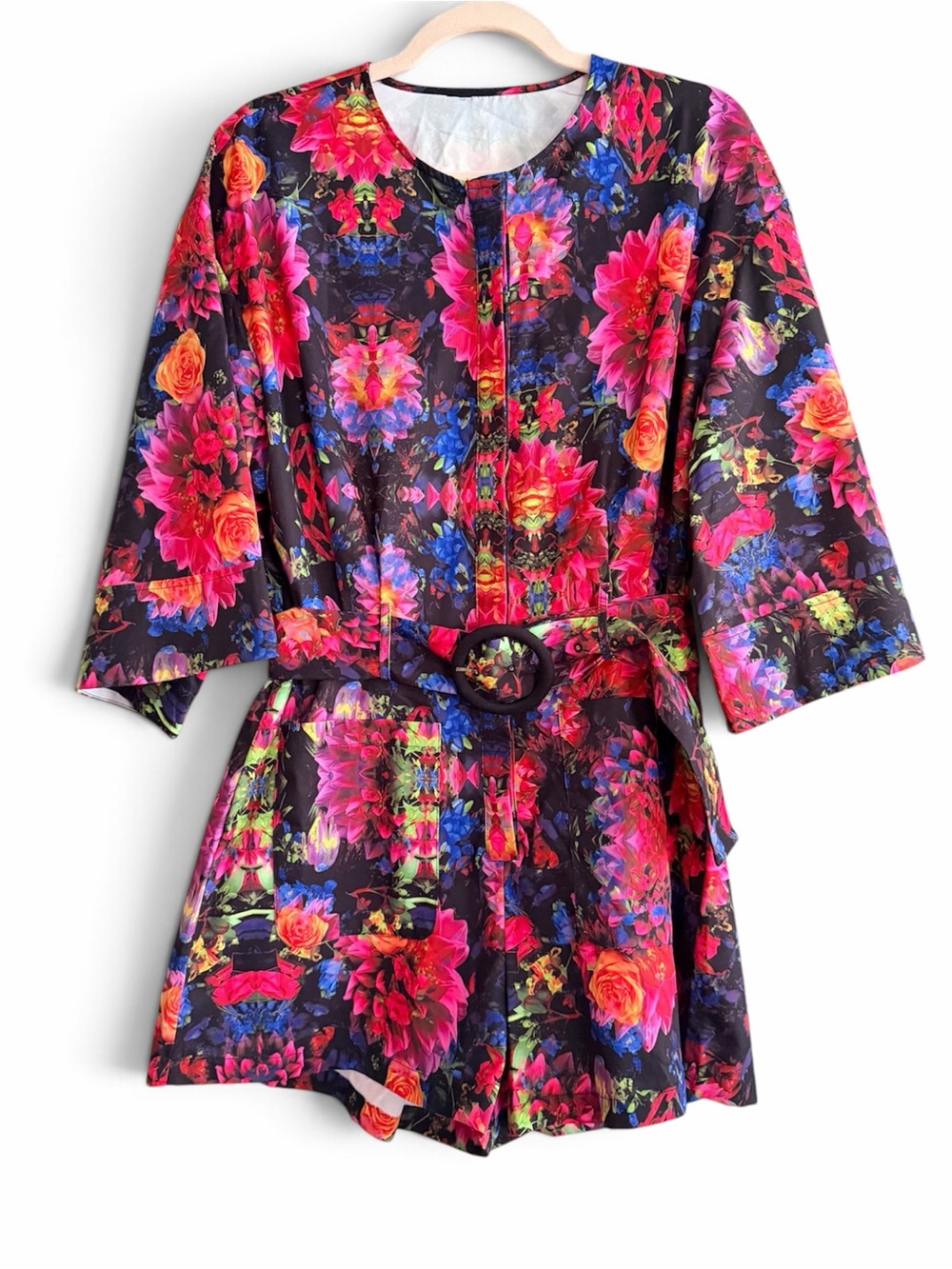 Floral Belted Romper in Vibrant Pink Multi